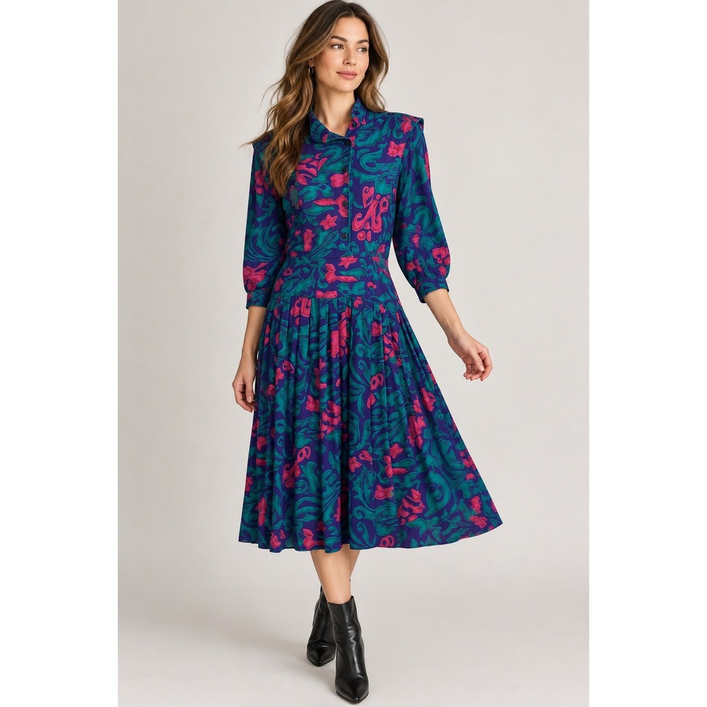 90s Artsy Boho Dopamine Dressing Rayon Floral Midi Dress Size 4 Purple Pink